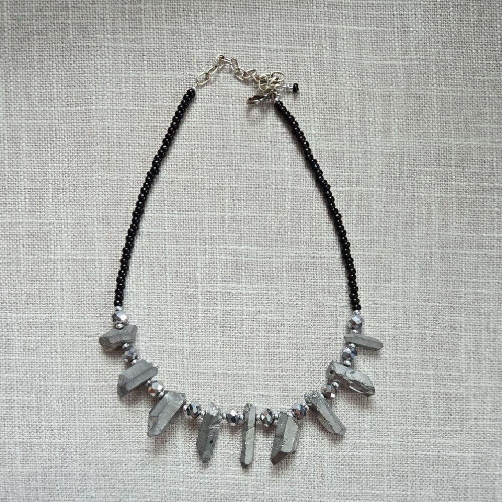 Silvertone & Black-beaded Necklace